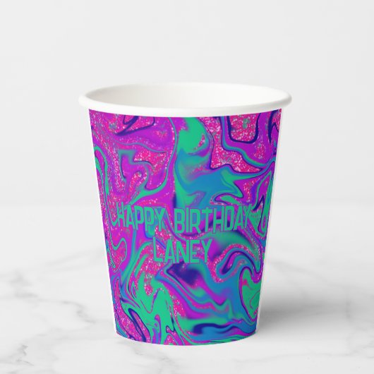 ピンククールティール（緑がかった色）グリッターガール誕生日スライムパーティー 紙コップ (正面)