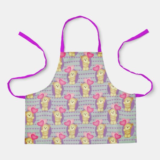 ピンククールハートテディベアシェフベーカー女子キッズ エプロン (正面)