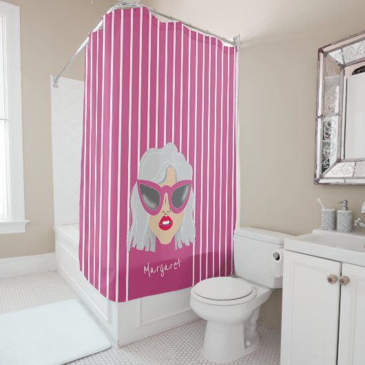 ピンククールメガネの白髪の女カスタム性 シャワーカーテン (インサイチュ)