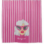 ピンククールメガネの白髪の女カスタム性 シャワーカーテン (正面)