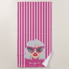 ピンククールメガネの白髪の女カスタム性 ビーチタオル