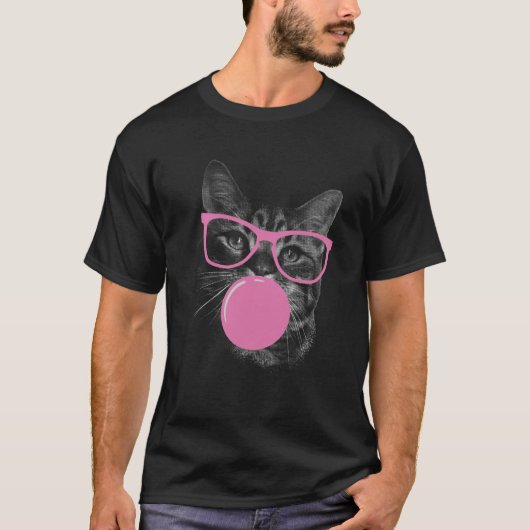 ピンククールメガネ&バブルガム猫 Tシャツ (正面)