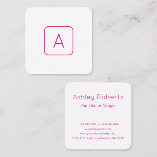 ピンククールモダンのホワイトモノグラムまたは会社レター スクエア名刺 (正面/裏面)
