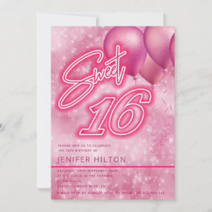 ピンククールモダンバルーンneon sweet 16 招待状