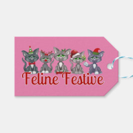 ピンククール色の可愛いクリスマス猫 ギフトタグ