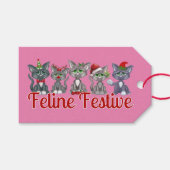 ピンククール色の可愛いクリスマス猫 ギフトタグ (正面(横))