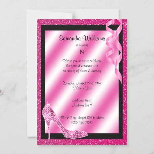 ピンクグライトリースティレット&ストリーマーズ19誕生日 マグネット招待状 (正面)