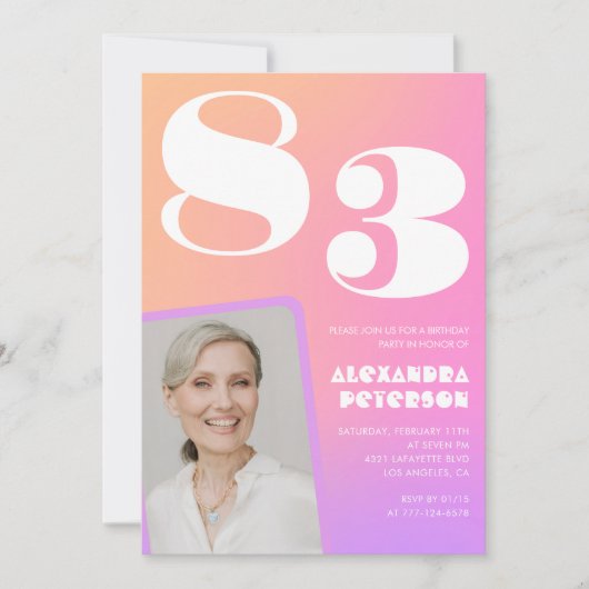 ピンクグラデーションのレトロな写真 83歳の誕生日 招待状 (正面)