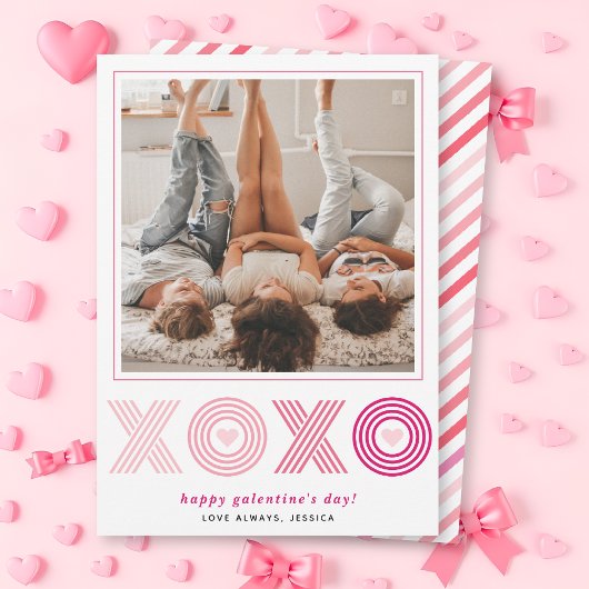 ピンクグラデーションのHOO Galentines Dayハート写真 シーズンカード