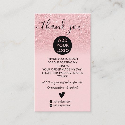 ピンクグラデーショングリッター赤面の感謝してい順序 名刺 (正面)