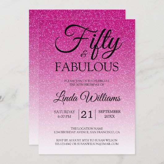 ピンクグラデーショングリッター50とFABULOUS 50誕生日 招待状 (正面/裏面)
