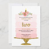 ピンクグラデーションケーキ2nd誕生日グリッター2 招待状 (正面)