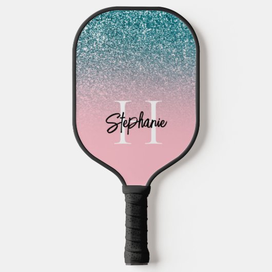 ピンクグラデーションティール(緑がかった色)グリッターモノグラム ピックルボールラケット (正面)