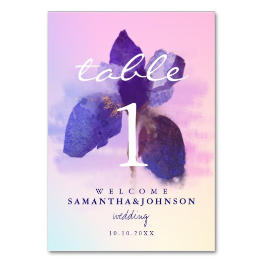 ピンクグラデーションパープルウォーターカラーアイリスフローラ結婚ズ テーブルナンバー (正面)