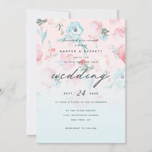 ピンクグラデーションフランスのガーデンシャビーフローラ結婚ズ 招待状 (正面)