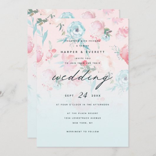 ピンクグラデーションフランスのガーデンシャビーフローラ結婚ズ 招待状 (正面/裏面)