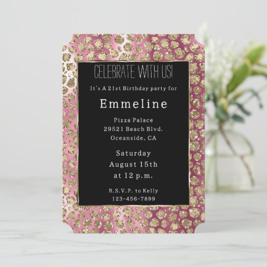 ピンクグラデーションブラック金ゴールドグラムグリッターヒョウ 招待状 (スタンド正面)