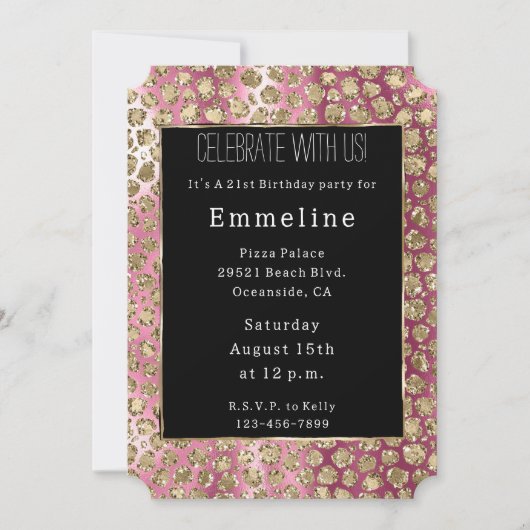 ピンクグラデーションブラック金ゴールドグラムグリッターヒョウ 招待状 (正面)