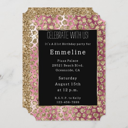 ピンクグラデーションブラック金ゴールドグラムグリッターヒョウ 招待状 (正面/裏面)