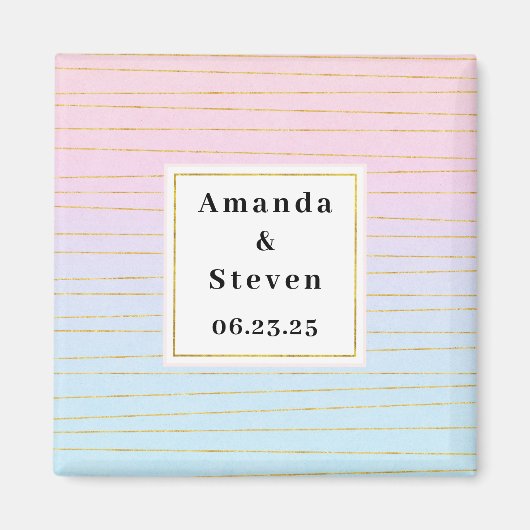 ピンクグラデーションブルーと金ゴールドライン日付の保存 マグネット (正面)