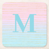 ピンクグラデーションブルーと金ゴールド線モノグラム スクエアペーパーコースター (正面)
