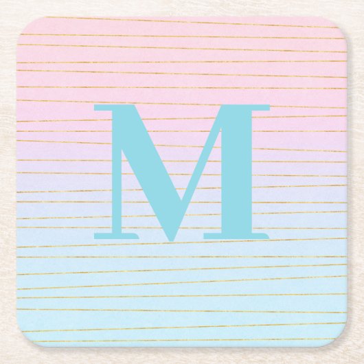 ピンクグラデーションブルーと金ゴールド線モノグラム スクエアペーパーコースター (正面)