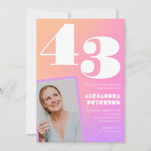ピンクグラデーションレトロ写真43歳の誕生日 招待状 (正面)