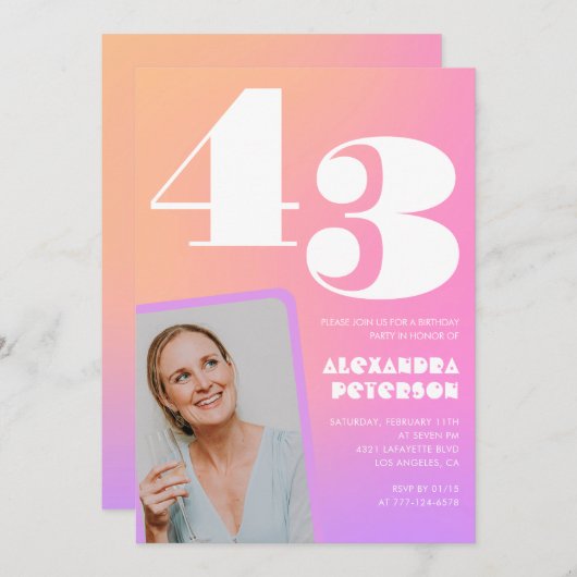 ピンクグラデーションレトロ写真43歳の誕生日 招待状 (正面/裏面)