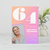 ピンクグラデーションレトロ写真64歳の誕生日招待状 招待状 (スタンド正面)