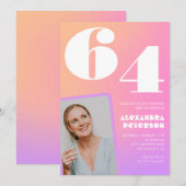 ピンクグラデーションレトロ写真64歳の誕生日招待状 招待状 (正面/裏面)
