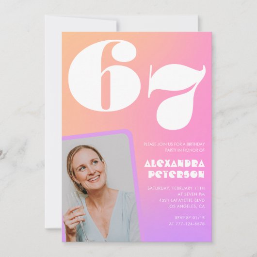 ピンクグラデーションレトロ写真67歳の誕生日招待状 招待状 (正面)