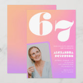 ピンクグラデーションレトロ写真67歳の誕生日招待状 招待状 (正面/裏面)