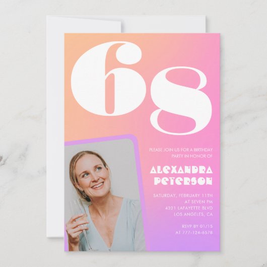 ピンクグラデーションレトロ写真68歳の誕生日招待状 招待状 (正面)