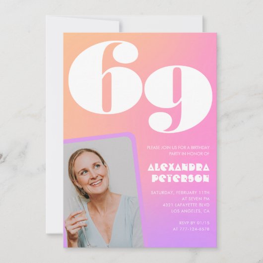 ピンクグラデーションレトロ写真69歳の誕生日招待状 招待状 (正面)