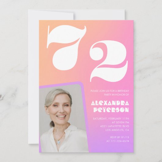 ピンクグラデーションレトロ写真72歳の誕生日招待状 招待状 (正面)