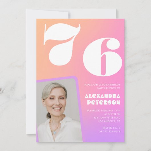 ピンクグラデーションレトロ写真76歳の誕生日招待状 招待状 (正面)