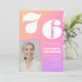 ピンクグラデーションレトロ写真76歳の誕生日招待状 招待状 (スタンド正面)