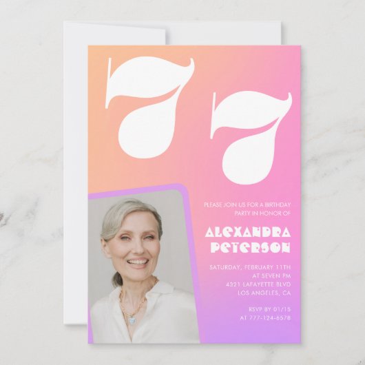 ピンクグラデーションレトロ写真77歳の誕生日招待状 招待状 (正面)