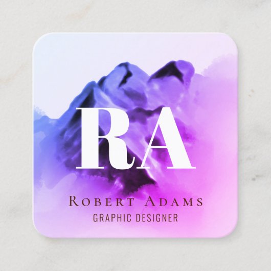 ピンクグラデーション紫色の水色のモノグラムの抽象芸術 スクエア名刺 (正面)