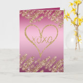 ピンクグラデーション金ゴールドグリッターハート カード (黄色い花)
