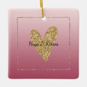 ピンクグラデーション金ゴールドグリッターハート セラミックオーナメント (正面)