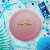 ピンクグラデーション金ゴールドグリッターハート ペーパープレート (パーティー)