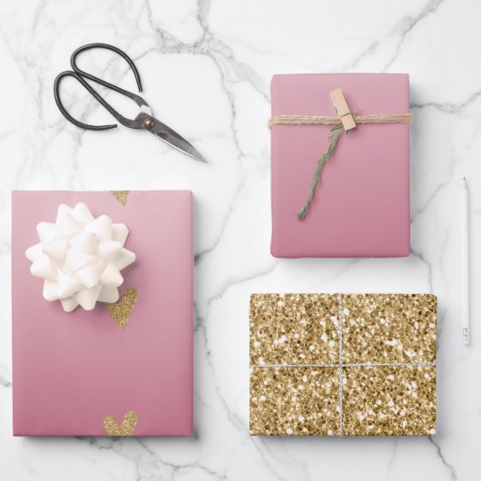 ピンクグラデーション金ゴールドグリッターハート ラッピングペーパーシート (正面)