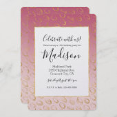 ピンクグラデーション金ゴールドシックサークル誕生日 招待状 (正面/裏面)