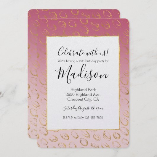 ピンクグラデーション金ゴールドシックサークル誕生日 招待状 (正面/裏面)