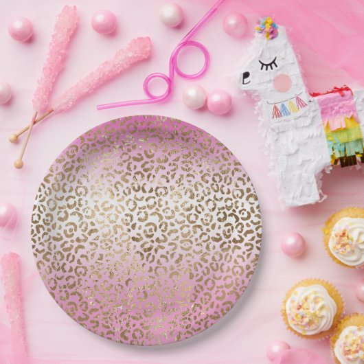 ピンクグラデーション金ゴールドヒョウ印刷 ペーパープレート (パーティー)