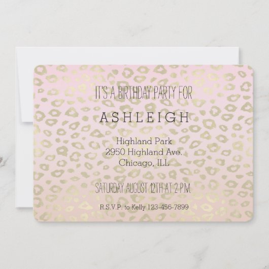 ピンクグラデーション金ゴールドヒョウ誕生日 招待状 (正面)