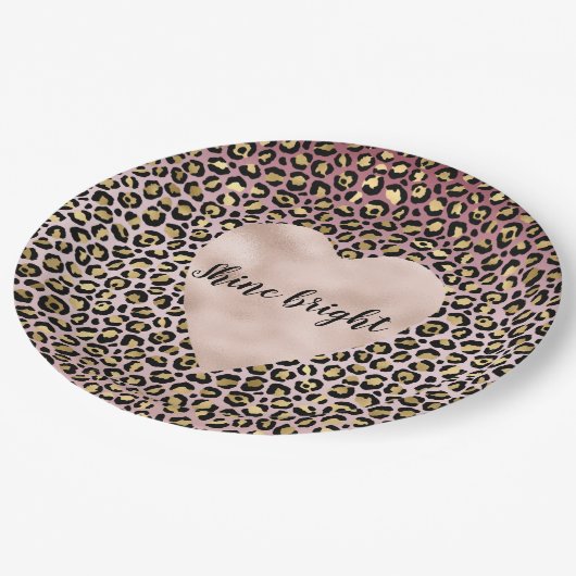 ピンクグラデーション金ゴールドブラックヒョウ印刷ハート ペーパープレート (アングル)