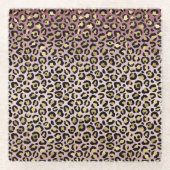 ピンクグラデーション金ゴールドブラックヒョウ印刷 ガラスコースター (正面)