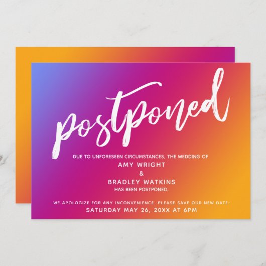 ピンクグラデーション黄グラデ結婚ーションの延期カード 招待状 (正面/裏面)